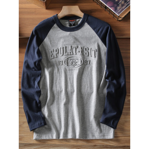 秋季新品全棉磨毛面料立體字母壓印撞色拼接男士圓領長袖T恤打底