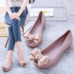 2024夏季新款果凍雨鞋蝴蝶結淺口橡膠防水沙灘鞋魚嘴平跟果凍單鞋