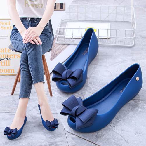 2024夏季新款果凍雨鞋蝴蝶結淺口橡膠防水沙灘鞋魚嘴平跟果凍單鞋