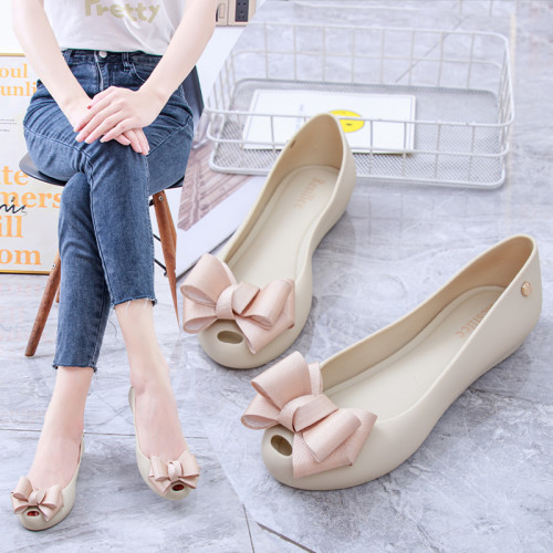 2024夏季新款果凍雨鞋蝴蝶結淺口橡膠防水沙灘鞋魚嘴平跟果凍單鞋