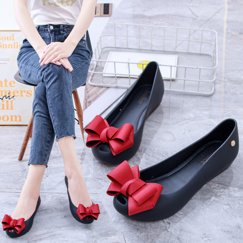 2024夏季新款果凍雨鞋蝴蝶結淺口橡膠防水沙灘鞋魚嘴平跟果凍單鞋