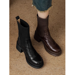 小羊皮拼接高跟粗跟圓頭襪靴女新款春秋短靴厚底針織彈力瘦瘦靴女