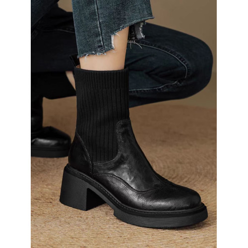 小羊皮拼接高跟粗跟圓頭襪靴女新款春秋短靴厚底針織彈力瘦瘦靴女 小羊皮拼接高跟粗跟圓頭襪靴女新款春秋短靴厚底針織彈力瘦瘦靴女