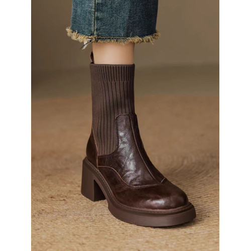 小羊皮拼接高跟粗跟圓頭襪靴女新款春秋短靴厚底針織彈力瘦瘦靴女 小羊皮拼接高跟粗跟圓頭襪靴女新款春秋短靴厚底針織彈力瘦瘦靴女