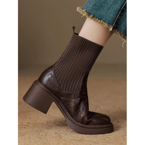 小羊皮拼接高跟粗跟圓頭襪靴女新款春秋短靴厚底針織彈力瘦瘦靴女 小羊皮拼接高跟粗跟圓頭襪靴女新款春秋短靴厚底針織彈力瘦瘦靴女