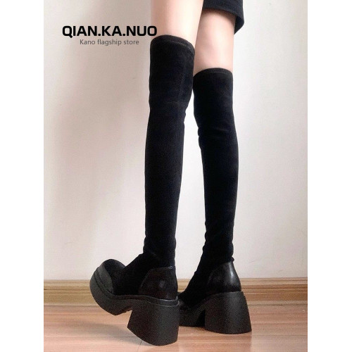 黑色絨面彈力靴女2026年冬季新款厚底粗跟過膝靴瘦瘦靴襪靴長靴子 黑色絨面彈力靴女2026年冬季新款厚底粗跟過膝靴瘦瘦靴襪靴長靴子