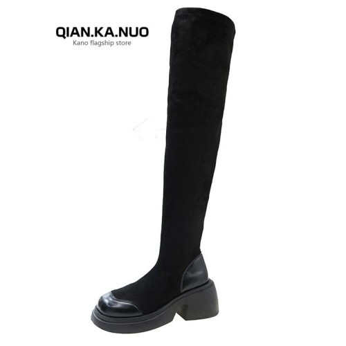 黑色絨面彈力靴女2026年冬季新款厚底粗跟過膝靴瘦瘦靴襪靴長靴子 黑色絨面彈力靴女2026年冬季新款厚底粗跟過膝靴瘦瘦靴襪靴長靴子