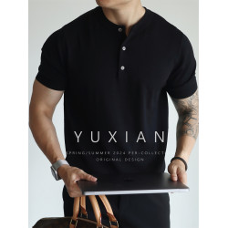 YUXIAN美式亨利領純色涼感復古針織短袖T恤春夏冰絲高密彈力男士
