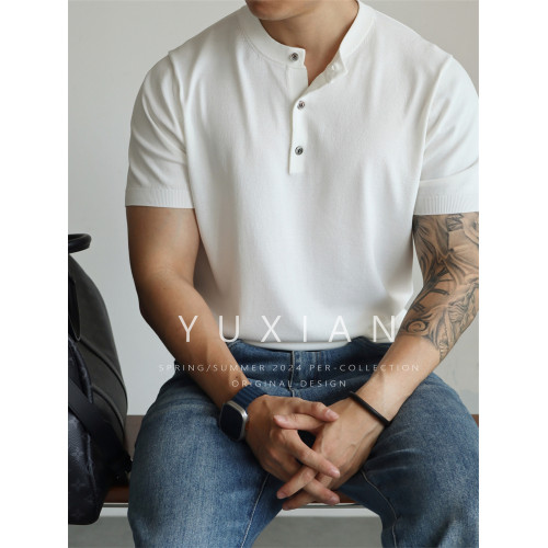 YUXIAN美式亨利領純色涼感復古針織短袖T恤春夏冰絲高密彈力男士 YUXIAN美式亨利領純色涼感復古針織短袖T恤春夏冰絲高密彈力男士