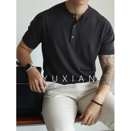 YUXIAN美式亨利領純色涼感復古針織短袖T恤春夏冰絲高密彈力男士 YUXIAN美式亨利領純色涼感復古針織短袖T恤春夏冰絲高密彈力男士