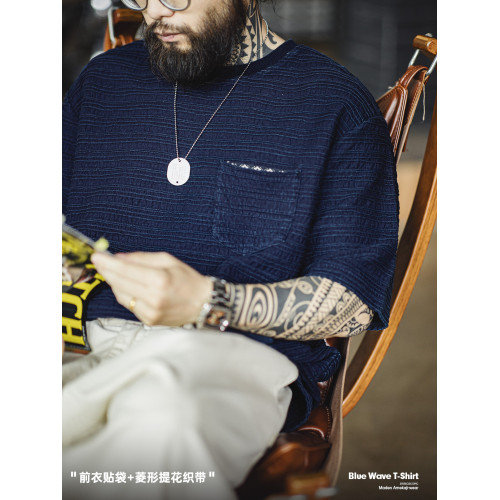 馬登工裝 美式復古針織提花波浪紋T恤肌理感哢嘰寬鬆短袖體恤男夏