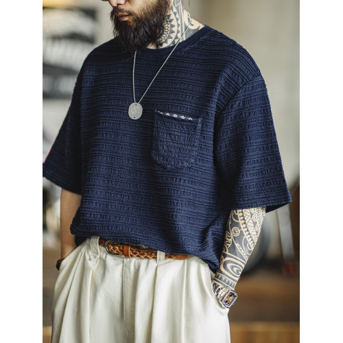 馬登工裝 美式復古針織提花波浪紋T恤肌理感哢嘰寬鬆短袖體恤男夏