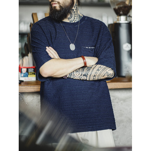 馬登工裝 美式復古針織提花波浪紋T恤肌理感哢嘰寬鬆短袖體恤男夏