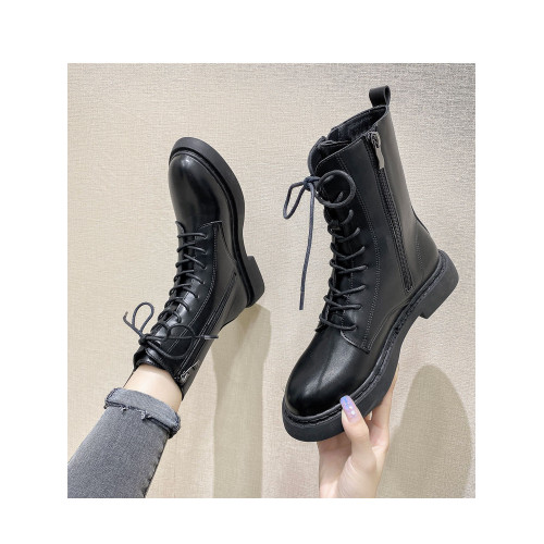 英倫風馬丁靴女加絨2025秋冬新款百搭中筒靴側拉鍊系帶女短靴棉鞋