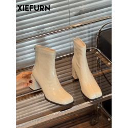 鞋夫人短靴女2025秋冬新款方頭馬丁靴小個子法式粗跟瘦瘦靴