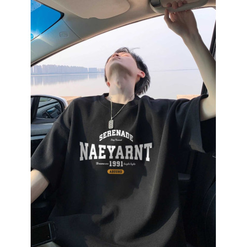 100%純棉短袖T恤男夏季美式復古重磅小領口半袖oversize五分袖