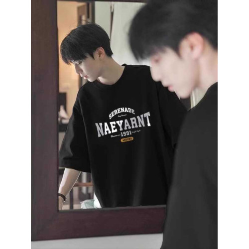 100%純棉短袖T恤男夏季美式復古重磅小領口半袖oversize五分袖