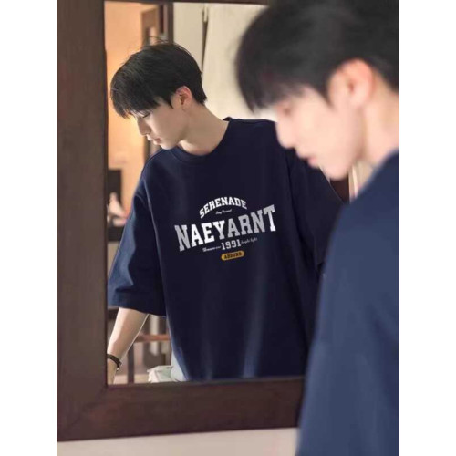 100%純棉短袖T恤男夏季美式復古重磅小領口半袖oversize五分袖