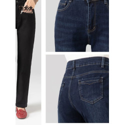 媽媽牛仔褲女春秋新款直筒褲彈力長褲中年褲子高腰大碼休閒褲黑色