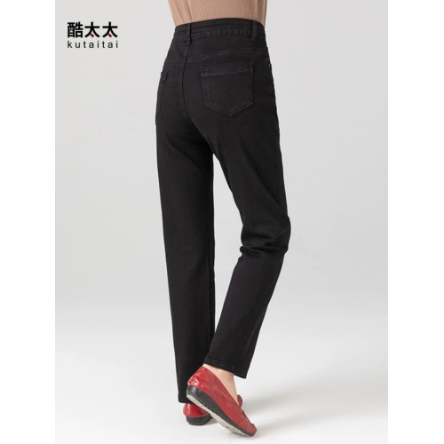 媽媽牛仔褲女春秋新款直筒褲彈力長褲中年褲子高腰大碼休閒褲黑色