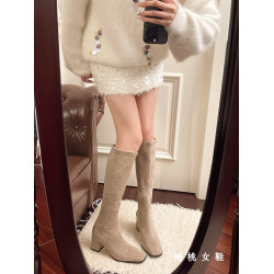 2026春秋彈力靴高跟小個子長靴女方頭高筒顯瘦粗跟絨面瘦瘦長筒靴