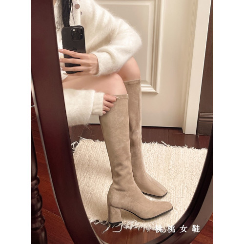 2026春秋彈力靴高跟小個子長靴女方頭高筒顯瘦粗跟絨面瘦瘦長筒靴
