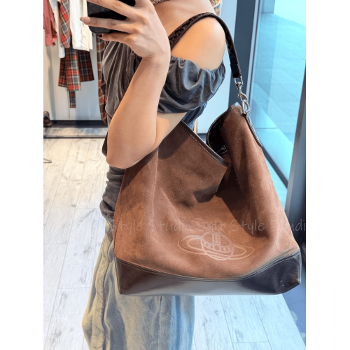 Salt Style土星手提單肩腋下麂皮格紋西太後中古托特包保齡球包女