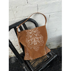 波西米亞風刺綉磨砂皮托特包珠珠大容量復古百搭單肩手提大包包女