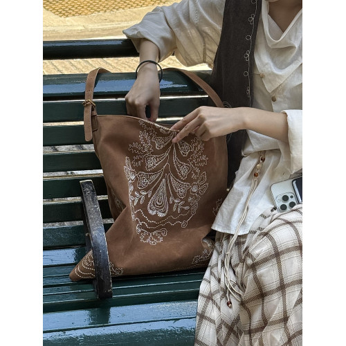 波西米亞風刺綉磨砂皮托特包珠珠大容量復古百搭單肩手提大包包女