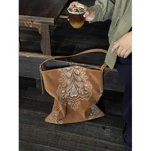 波西米亞風刺綉磨砂皮托特包珠珠大容量復古百搭單肩手提大包包女