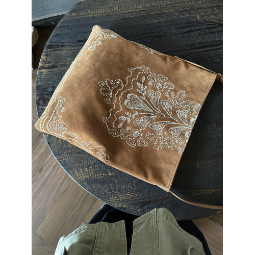 波西米亞風刺綉磨砂皮托特包珠珠大容量復古百搭單肩手提大包包女