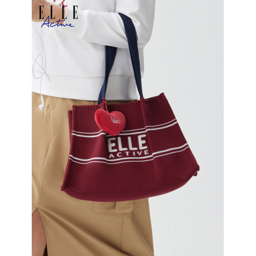 ELLE Active戶外休閒紅色女包運動風飛織字母托特包大容量斜後後背包