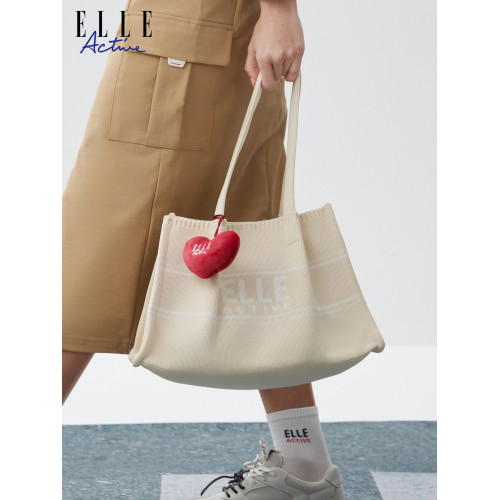 ELLE Active戶外休閒紅色女包運動風飛織字母托特包大容量斜後後背包