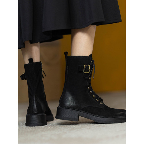 皮帶釦騎士靴2026新款厚底馬丁靴女潮英倫風系帶加絨機車靴短靴女