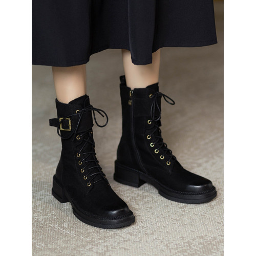 皮帶釦騎士靴2026新款厚底馬丁靴女潮英倫風系帶加絨機車靴短靴女