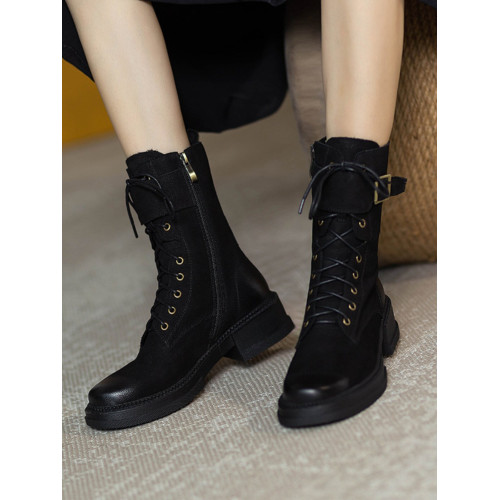 皮帶釦騎士靴2026新款厚底馬丁靴女潮英倫風系帶加絨機車靴短靴女