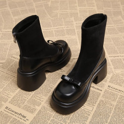 撤櫃品牌女鞋短靴女粗跟秋冬新款小個子高跟馬丁靴韓版厚底瘦瘦靴