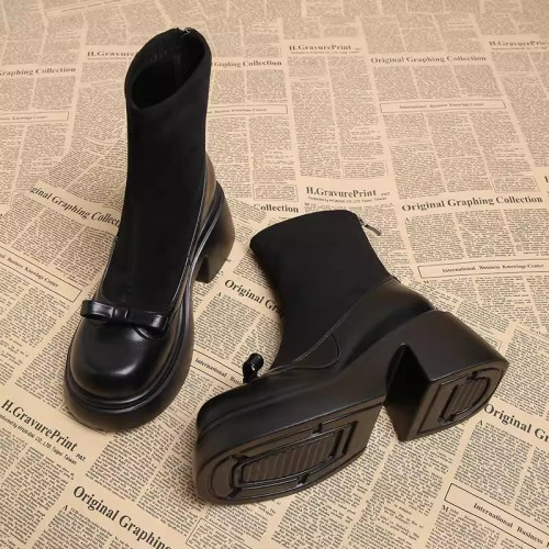 撤櫃品牌女鞋短靴女粗跟秋冬新款小個子高跟馬丁靴韓版厚底瘦瘦靴