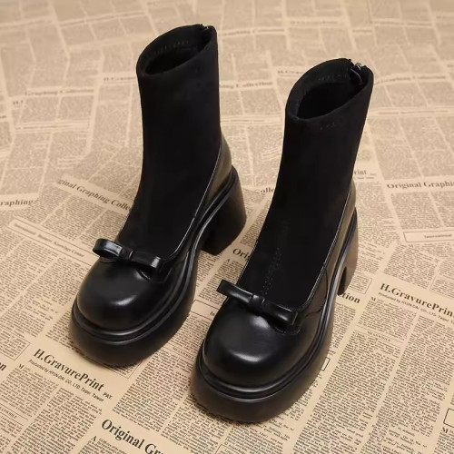 撤櫃品牌女鞋短靴女粗跟秋冬新款小個子高跟馬丁靴韓版厚底瘦瘦靴