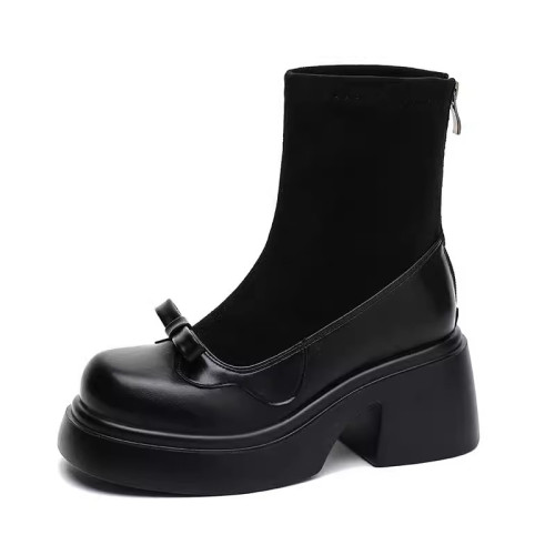 撤櫃品牌女鞋短靴女粗跟秋冬新款小個子高跟馬丁靴韓版厚底瘦瘦靴