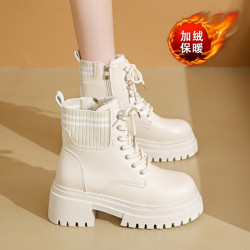 馬丁靴女2026新款秋冬季加絨保暖棉鞋小個子厚底白色短筒靴大碼42