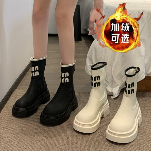 品牌短靴女款2025秋冬加絨新款時尚法式美拉德長筒靴厚底機車靴子