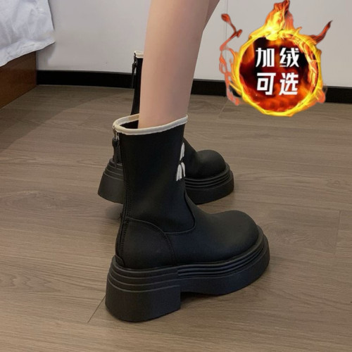 品牌短靴女款2025秋冬加絨新款時尚法式美拉德長筒靴厚底機車靴子