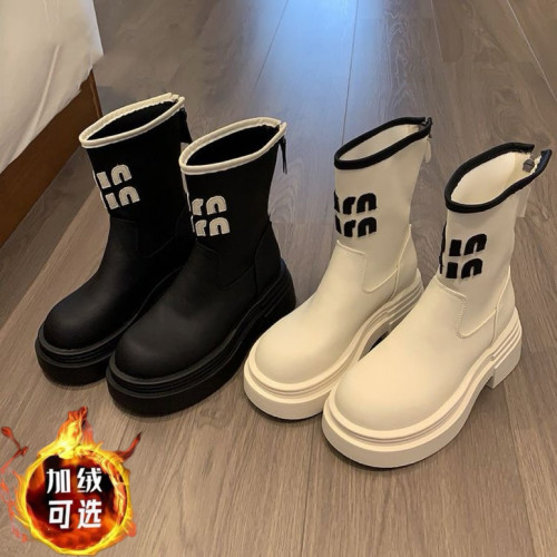 品牌短靴女款2025秋冬加絨新款時尚法式美拉德長筒靴厚底機車靴子