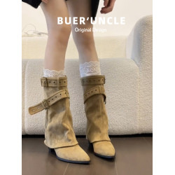 尖頭粗跟褲琯靴西部牛仔堆堆長靴子女2026新款夏秋高筒長筒中筒靴