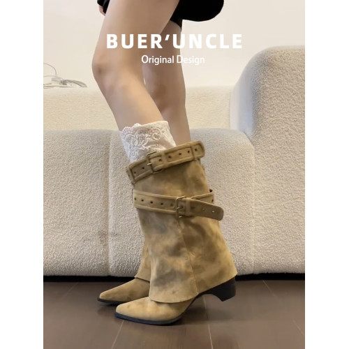 尖頭粗跟褲琯靴西部牛仔堆堆長靴子女2026新款夏秋高筒長筒中筒靴