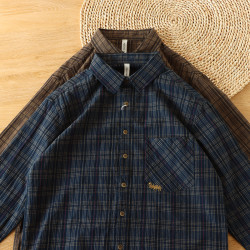 復古時尚感覺好日系格子襯衫男裝潮流拼色全棉長袖襯衣小外套