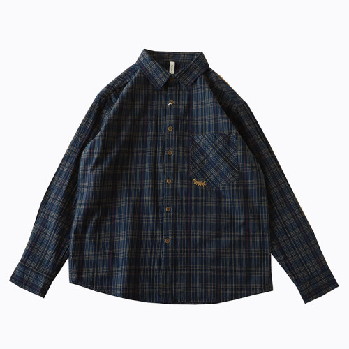 復古時尚感覺好日系格子襯衫男裝潮流拼色全棉長袖襯衣小外套