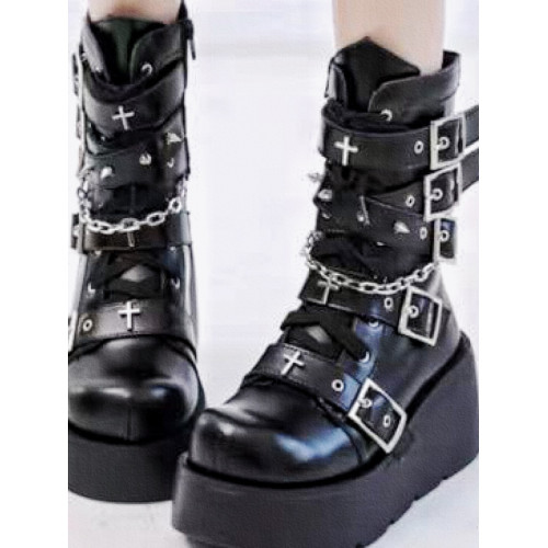 厚底靴亞文化十字架甜酷Y2K辣妹龐克搖滾風圓頭百搭厚底靴