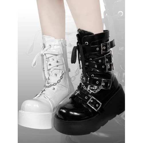 厚底靴亞文化十字架甜酷Y2K辣妹龐克搖滾風圓頭百搭厚底靴